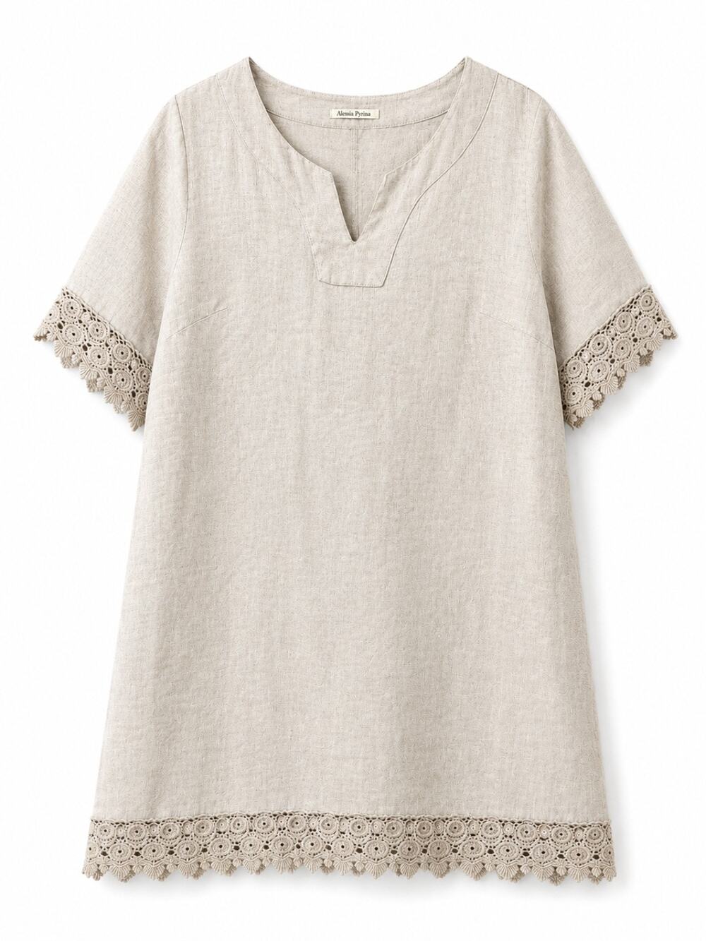 Alessia Pacini Italy 100% Linen Dress Small Beige Crochet Lace Boho Shift
